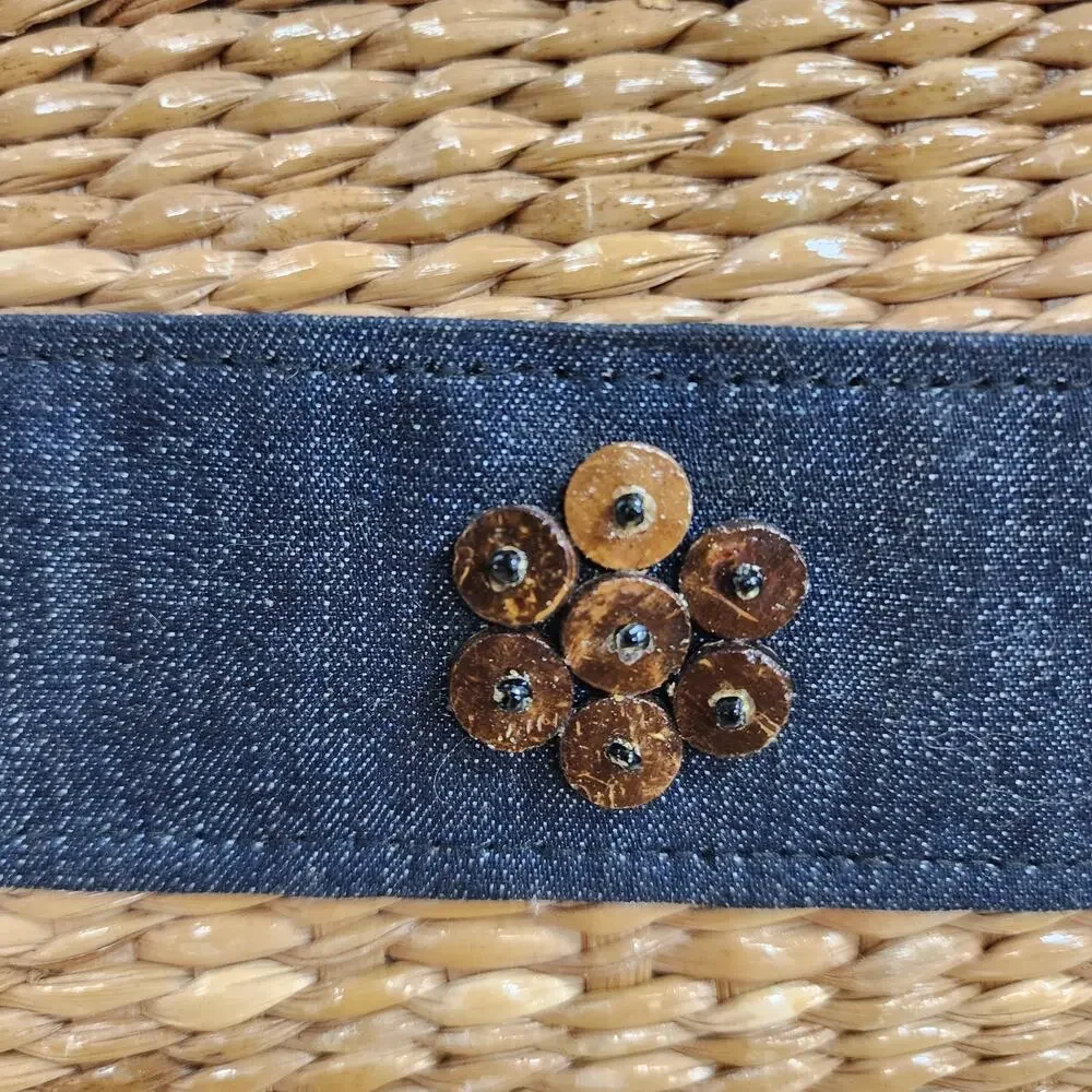 Straw Basket Purse Denim Accent Wooden Handles Beach Cottagecore Bag 10x5.5
